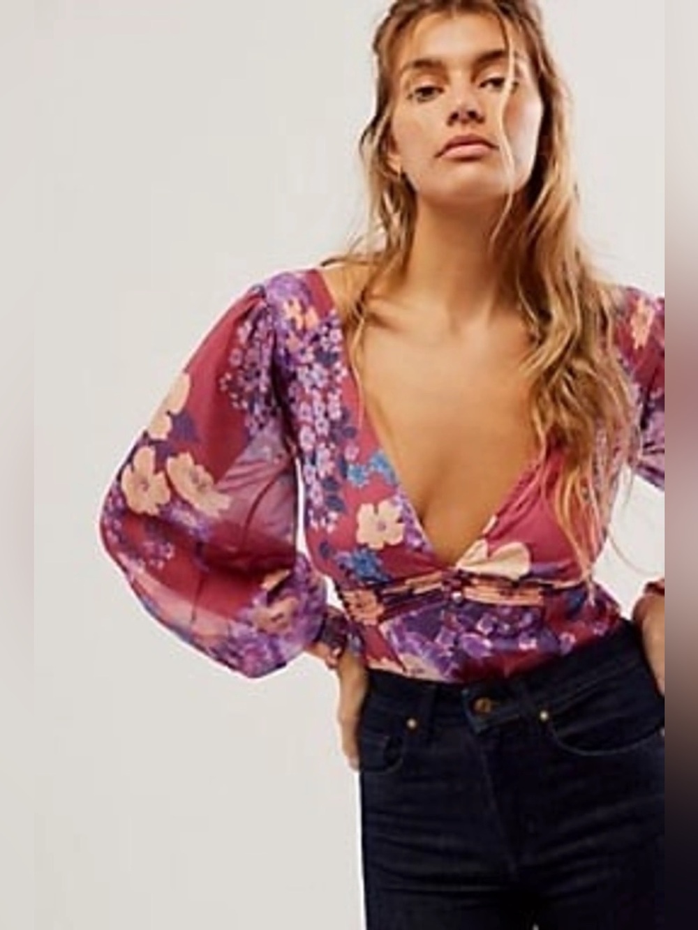 Free People Floral Wrap Blouse in Magenta and Purple